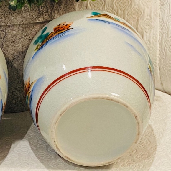 O9-Vintage Hand Painted Chinoiserie Pagoda Bonsai Tree Vase - Picture 4 of 5